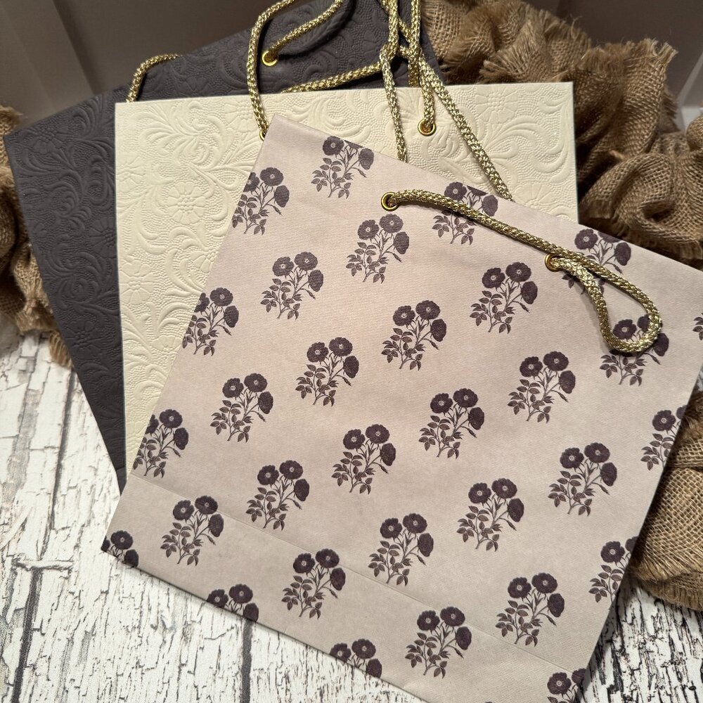 Natural Fiber Large Gift Bags Cream Black Gray Floral Set of 3